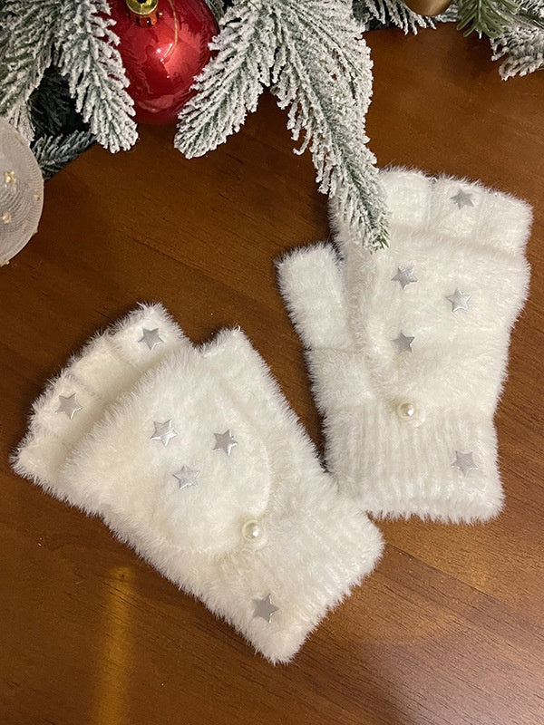 Schwarz/weiße Plüschhandschuhe mit Stern-Klappe