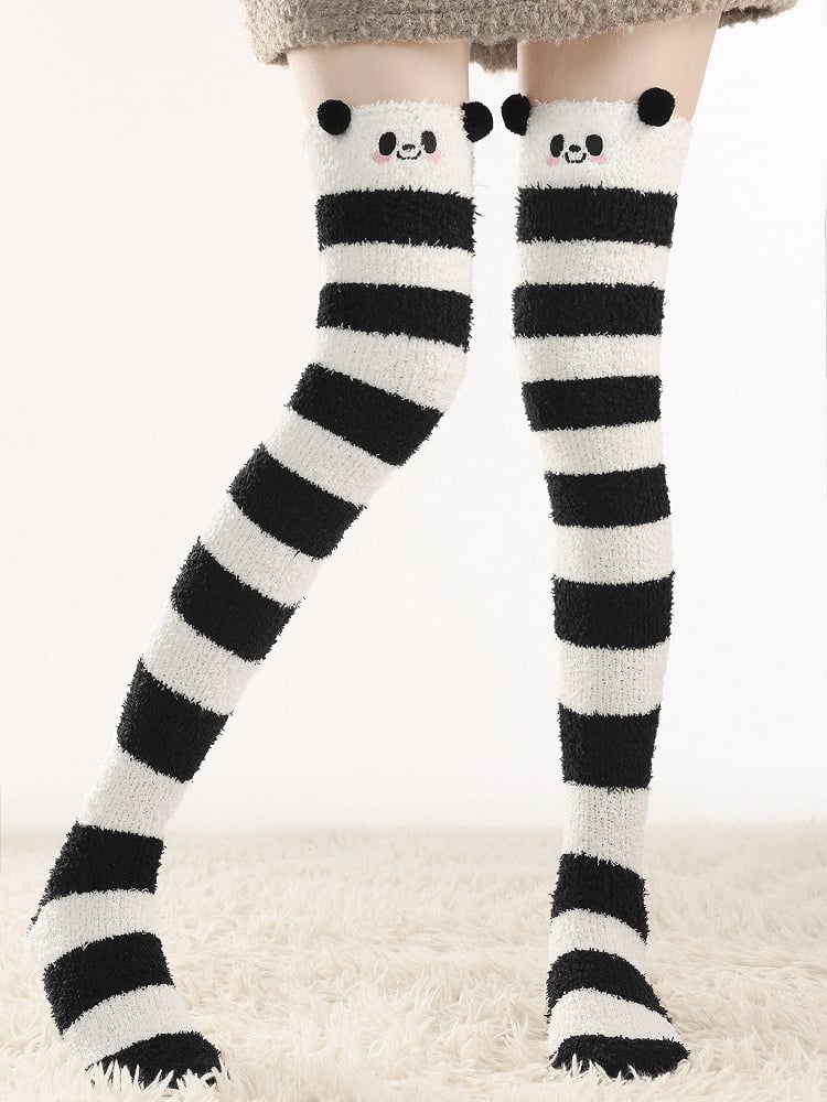 69cm Black White Bear Over-the-Knee Stripe Stockings