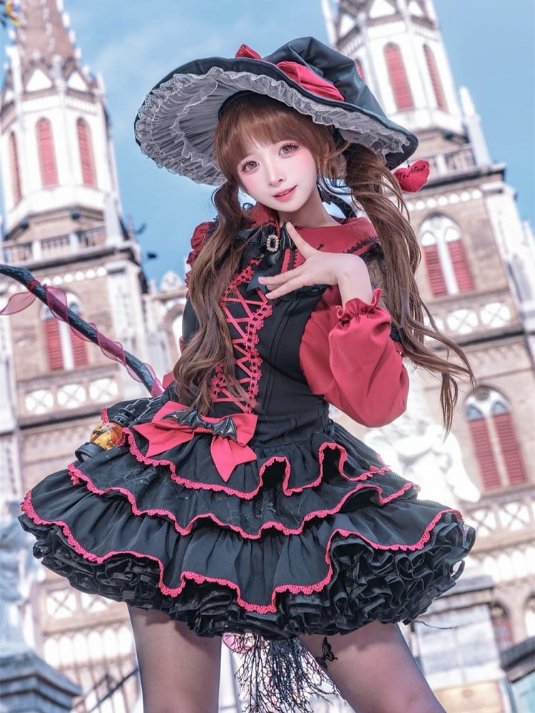 Jumper Showa Retro Black Witch Tiered Skirt Dress Red