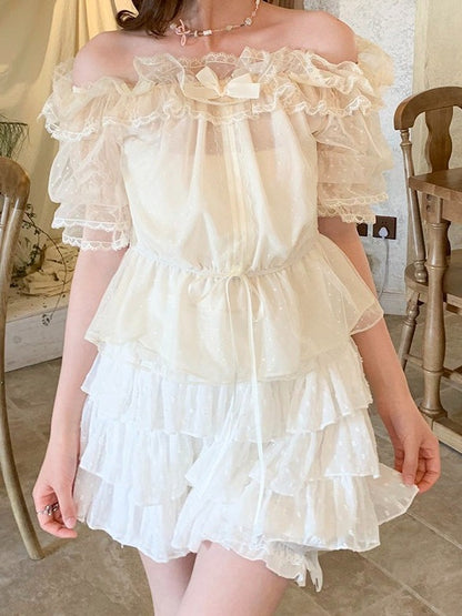 Off-Shoulder Short Sleeve Top in Light Yellow - Lan Jian Chuan