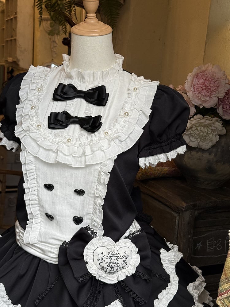 Black Embroidery Ruffle Neckline Layered and Sweet Lolita with Lamb White Bow Dress Accents