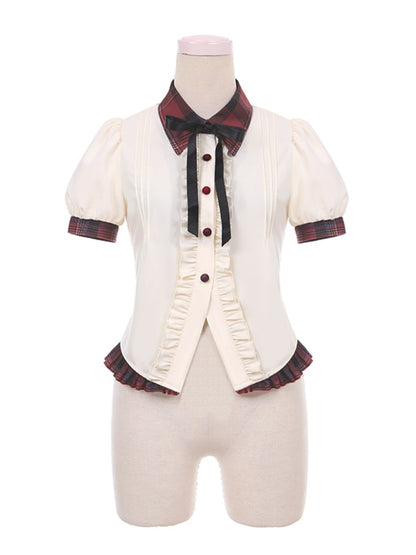 ロリータベージュアイドルコントラストレッドチェックトリムディテールバックレースアップブラウス