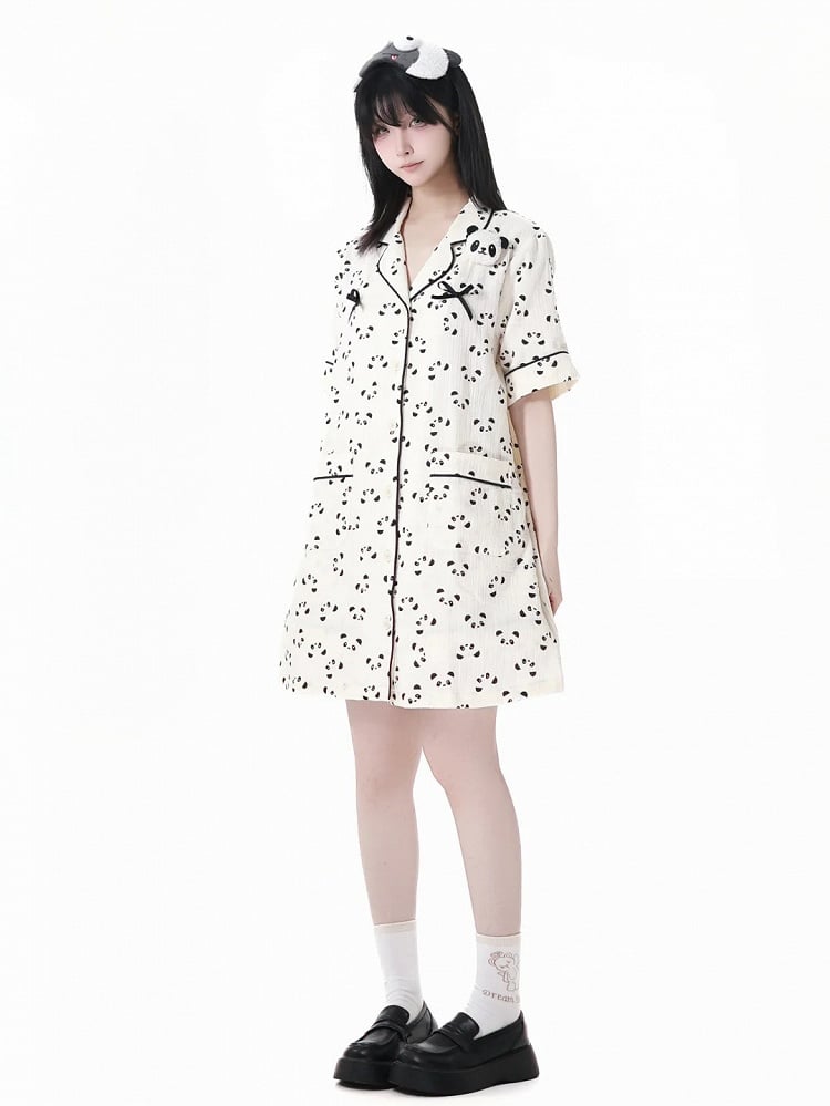 Allover Panda Print Plüsch Beige Shirt Kleid Pyjama Panda gewellter Rand Kragen