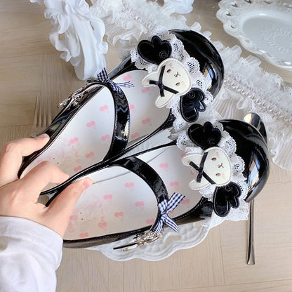 Wings Motif Decor Sweet Rabbit Lolita Black Bunny Themed Shoes with