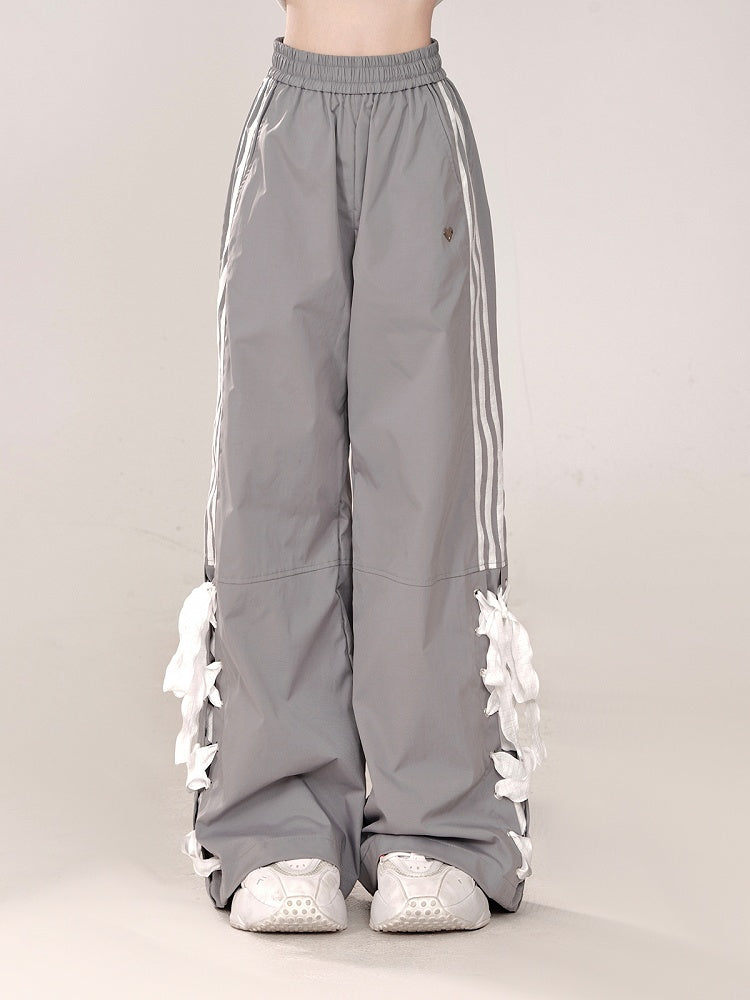 Straight-Leg pants with Lace-Up Side Detailing Gray Preppy