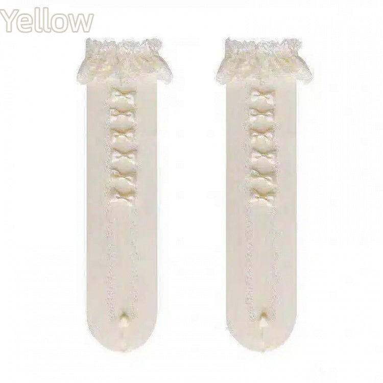 Lolita Detail Stockings (Color: White/Yellow) Bow Sweet Lace