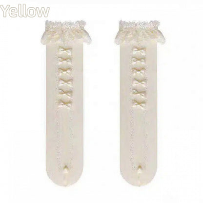 Lolita Detail Stockings (Color: White/Yellow) Bow Sweet Lace