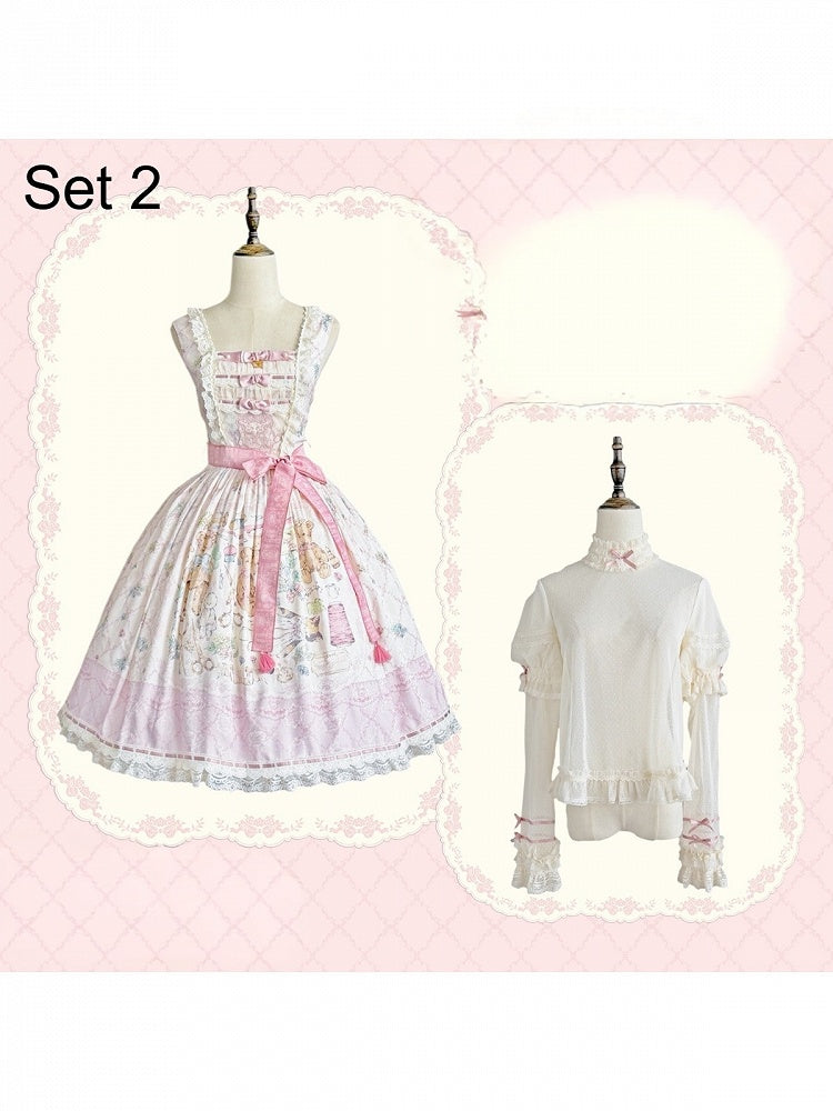 Sweet Lolita JSK Dress Set in Pink with Kawaii Bear Print and Self-Tie Belt - Treasure House