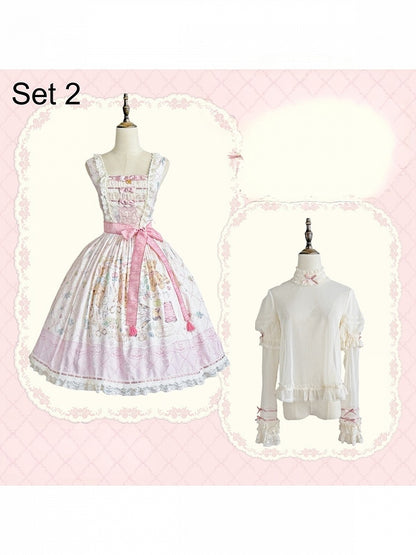 Sweet Lolita JSK Dress Set in Pink with Kawaii Bear Print and Self-Tie Belt - Treasure House