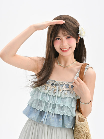 ノースリーブトップ シェルチャーム ティアードフリル ブルー