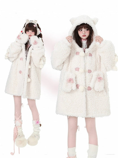 Weißer, süßer, dicker Kapuzenmantel mit Katzenohren und kostenlosen Handschuhen