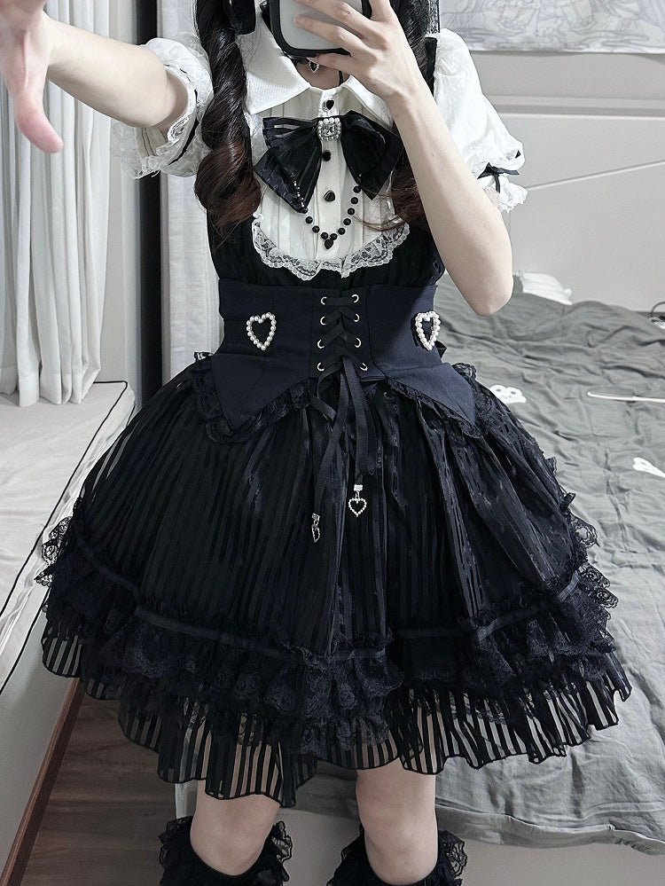ベルトコルセットストライプスカートウエストパフィードレスレイヤードブラックジライケイホワイトとレースアップ3つのハイ