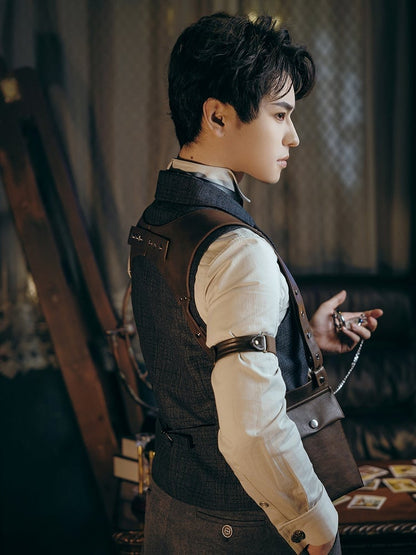 Karierte dunkle Weste Grau Steampunk