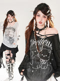 Black/White Coverup Asymmetrical Neckline Kitty Print Semi-sheer