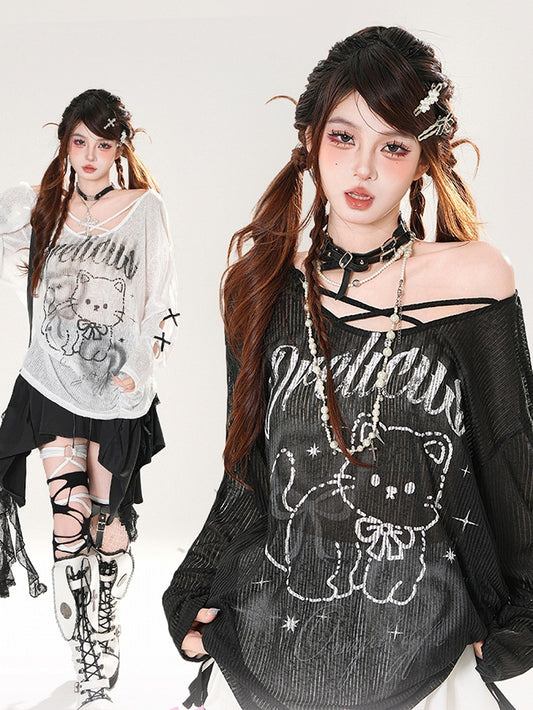 ブラック/ホワイト カバーアップ アシンメトリーネックライン キティプリント セミシアー