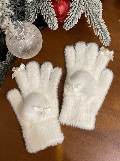Schwarz/Weiße Lolita Herzschleifen-Plüschhandschuhe