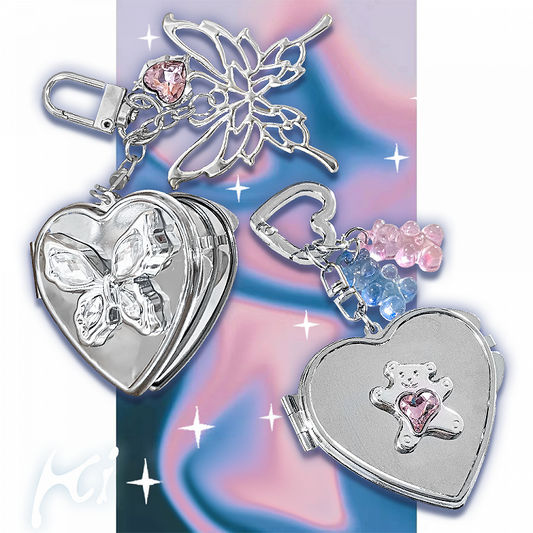 Silver Gummy Bear/Butterfly/Bow Heart-shaped Mirror Keychain