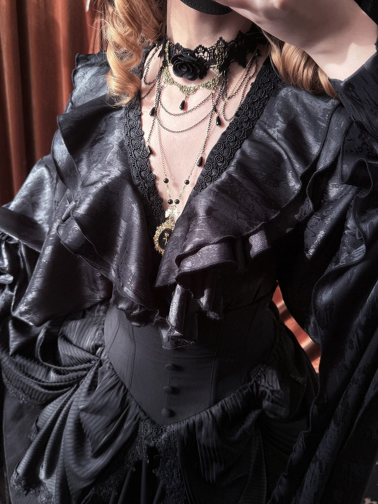 Structured Shirt V-neck Black Gothic Ruffles Long Sleeves Lolita