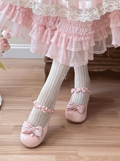 and - Delicate Heart for Lolita Design Sweet Heel Embellishments Leather Mid Bow Toe Round with Shoes PU