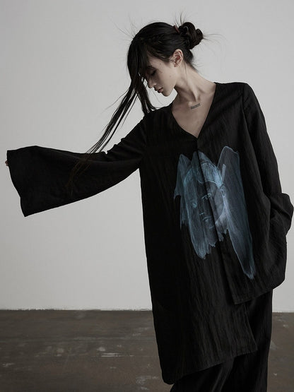 Asymmetric V-Neck Long Sleeve Top with Figure Print - INDULGE