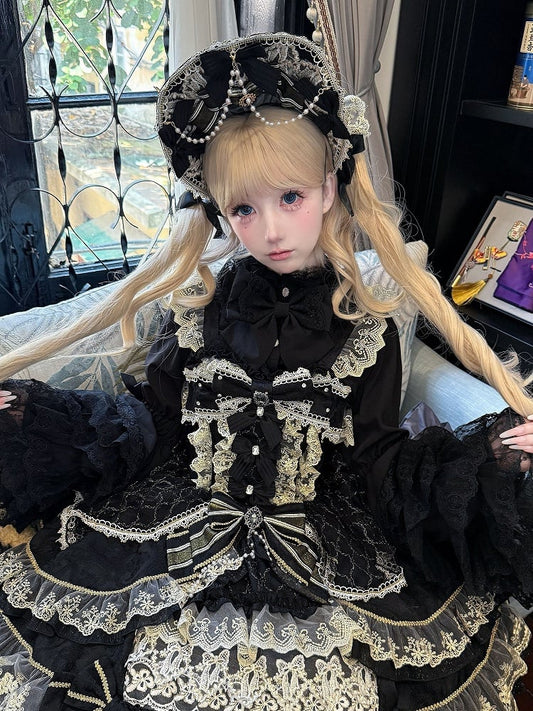 and Bead Dark Details White Lolita / Black Bow Blue Red Bonnet Pink