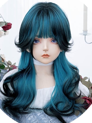 Blue-black Ombre Long Wavy Synthetic Wig With Bangs