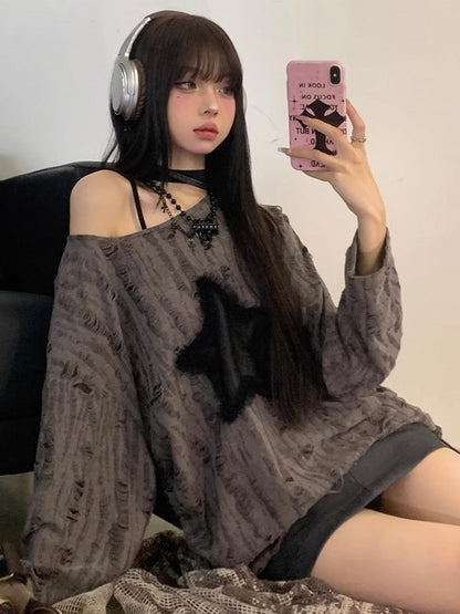 with Hem Distressed Graphic Tie Top Hole Gray Star Off-Shoulder Detail