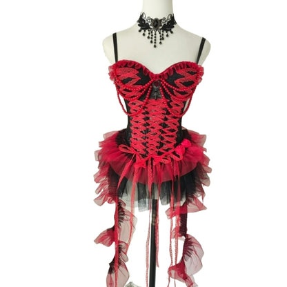 Dark Punk Gothic Black and Red Beaded Lace Irregular Camisole Dress