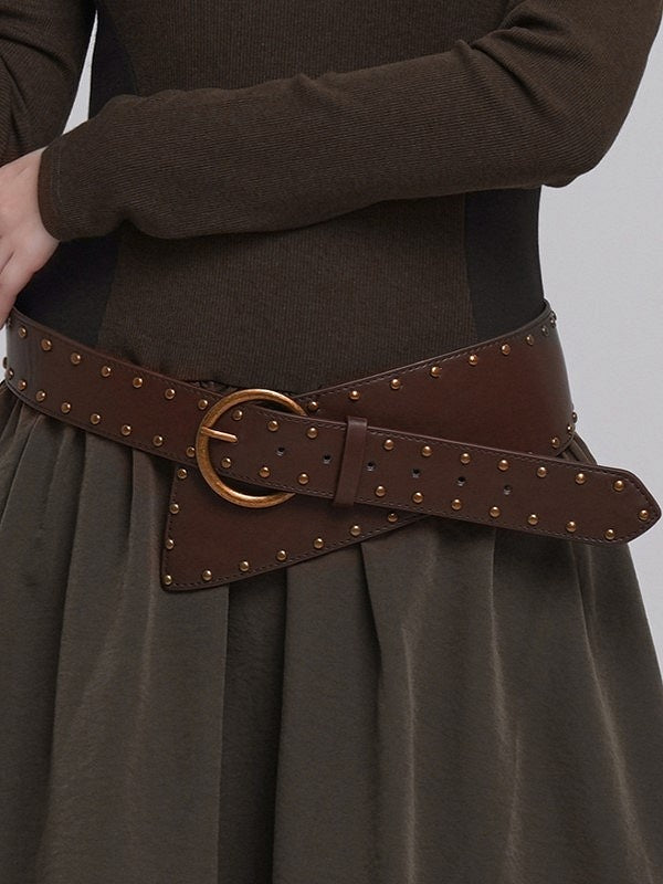Alloy Brown Punk Buckle with Studded Waist Belt PU