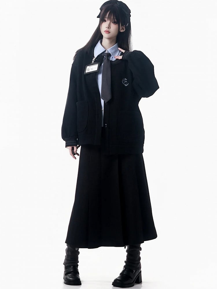 with Embroidered Lining - Black Cardigan Knit Collegiate Style Crest Fleece