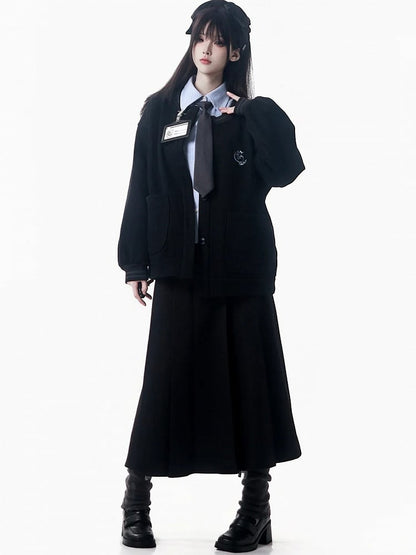 with Embroidered Lining - Black Cardigan Knit Collegiate Style Crest Fleece