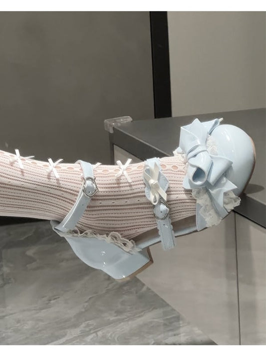 Top Sandals at Low-heel Round - Blue Lace Trim Bow Lolita Toe Sweet