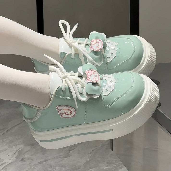 Sneakers Round-Toe Green with Appliques Lolita Wing Cat Light Sweet Platform