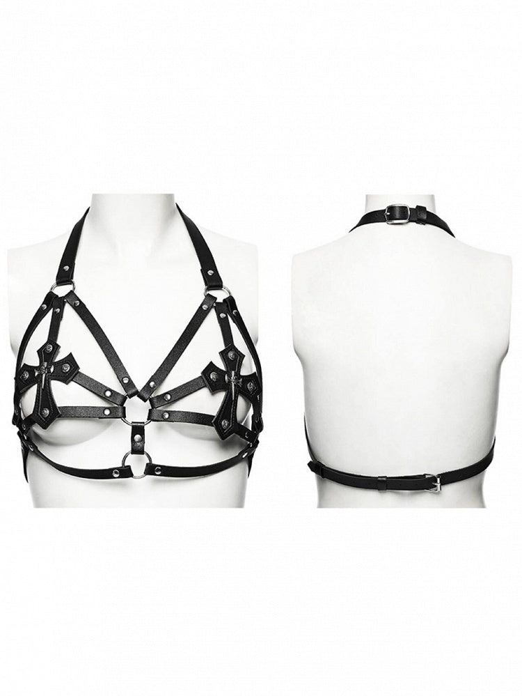Cross Accents Black Leather Punk Halter Harness - Punk Rave