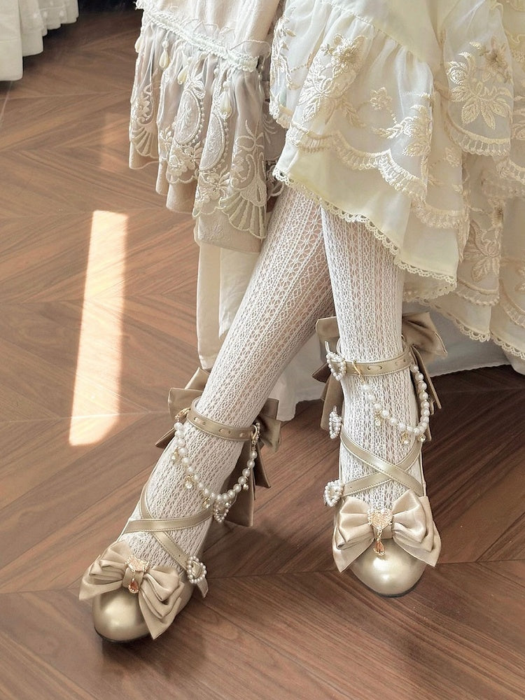 Gold Heart at Top Bow Charm Design Crisscross Beaded Decorated