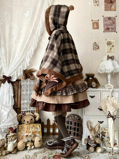 Christmas Bow Big Self-tie Plaid Pattern Hooded Coat Brown Cape Reindeer Neckline