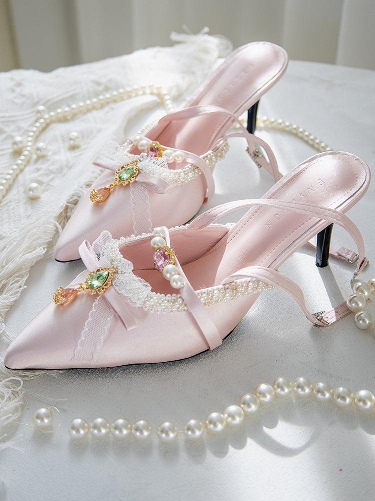 Pink Slingback at High Rhinestone Vintage Bow Top Sandals Heels Charm