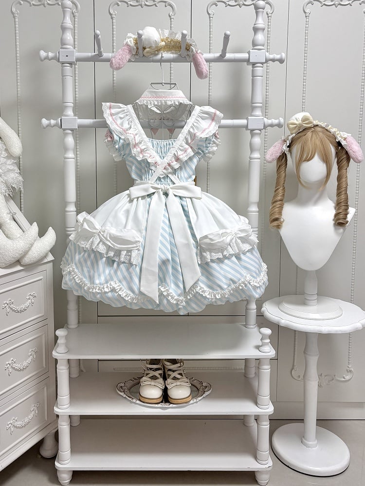 Lolita Cute Bubble Train Decor with Detachable and Cake Brooch Puppy Blue + Skirt Apron Sleeves Stripe Bow Dress OP
