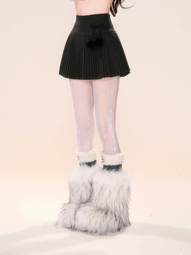 Pompoms Decorated Skirt Bowknot with Black/Gray/White Pleated Detachable