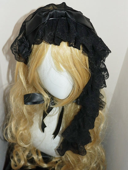 Floral Design Big Hairband White/Black Bow Trim Lace