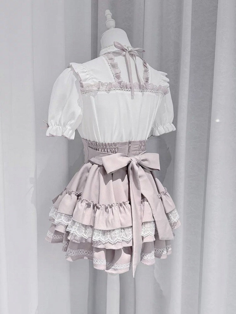 Pink Tiered Skirt with Lace Trim and Rhinestone Bow Embellishments - GingaU