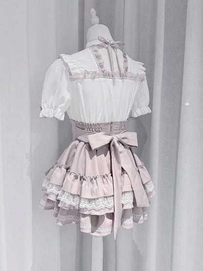 Pink Tiered Skirt with Lace Trim and Rhinestone Bow Embellishments - GingaU