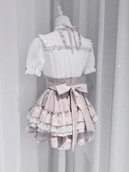 Pink and White Ruffle Sleeve Blouse with Lace, Bow and Choker Accents - GingaU