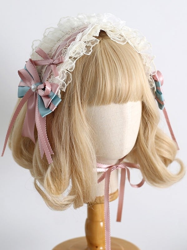 Hairband Sweet PinkBlue Decorated Beaded Clips With Ruffled Lolita Bowknot Details