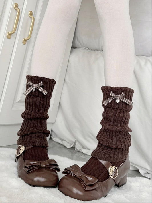 Warmers Bow Sweet Ribbed Charm Style) Leg Heart with Plaid Accents (Playful Coffee
