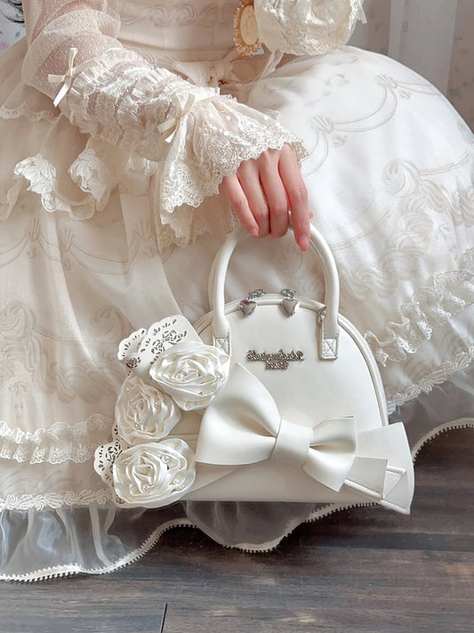 Big Creamy Bowknot Shell White Roses Bag