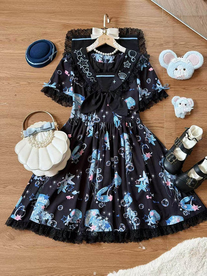 Black & Blue Jellyfish and Shell Print Sailor Lolita Dress with Lace Details - Good Night Meow