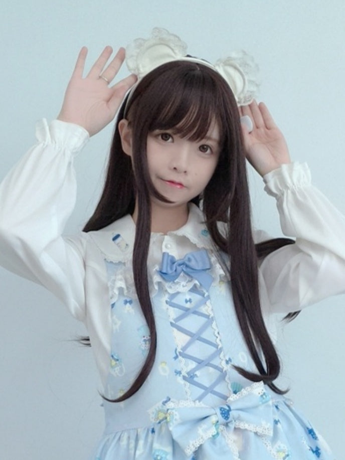 KC White Teddy Bear Ears Lace Trim Lolita