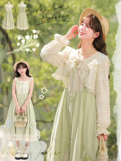 Mori Kei Green Floral Applique Sleeveless Dress
