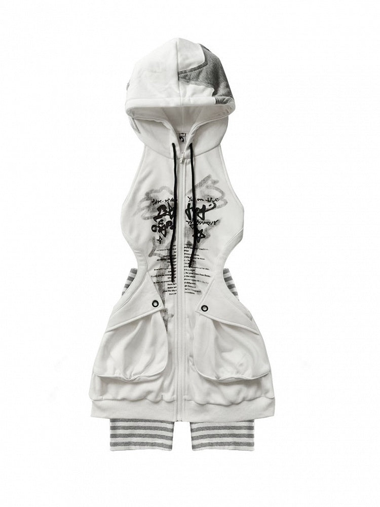 Striped Cutout Graffiti White Casual Hoodie  Punk Dress Shorts Two-Piece Set: